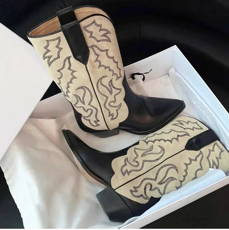 Embroidery Women Western Cowboy Boots Fashion Slip On Thick Heel Knight Long Booties Retro Style Autumn Winter Female Shoes