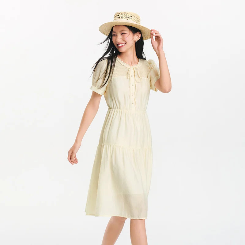 Semir Women Dress Puff Sleeve Lace Crew Neck Textured Midi French Elegant 2026 Summer Romantic Soft Comfy Daily Top