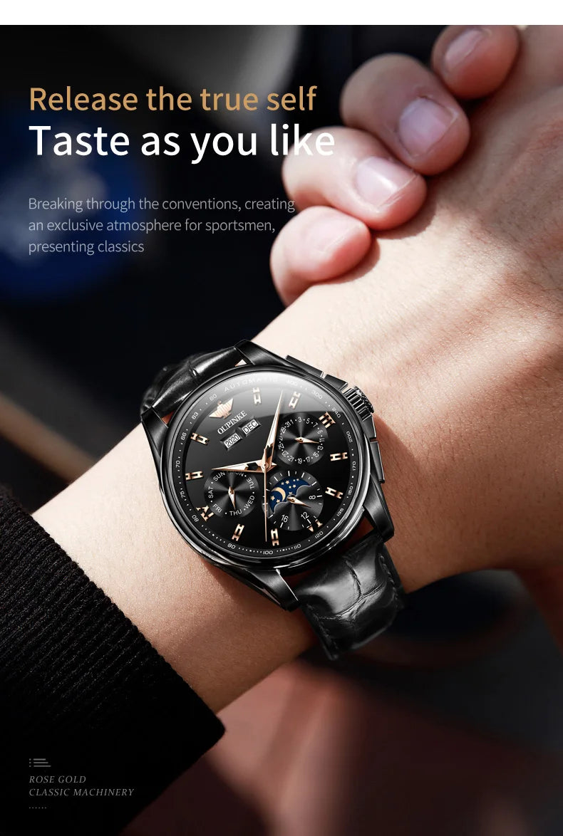 OUPINKE Top Men's Automatic Mechanical Wrist Watch Leather Strap Luxury Business Multi functional Lunar Phase Dial Reloj Hombre