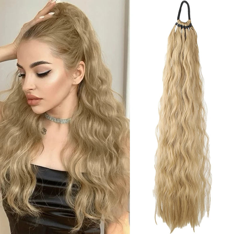 Synthetic Long Curly Hair Ponytail 24inch Wavy Ponytail Extensions with Elastic Hair Tie Women Hairpiece for Daily Party Wear