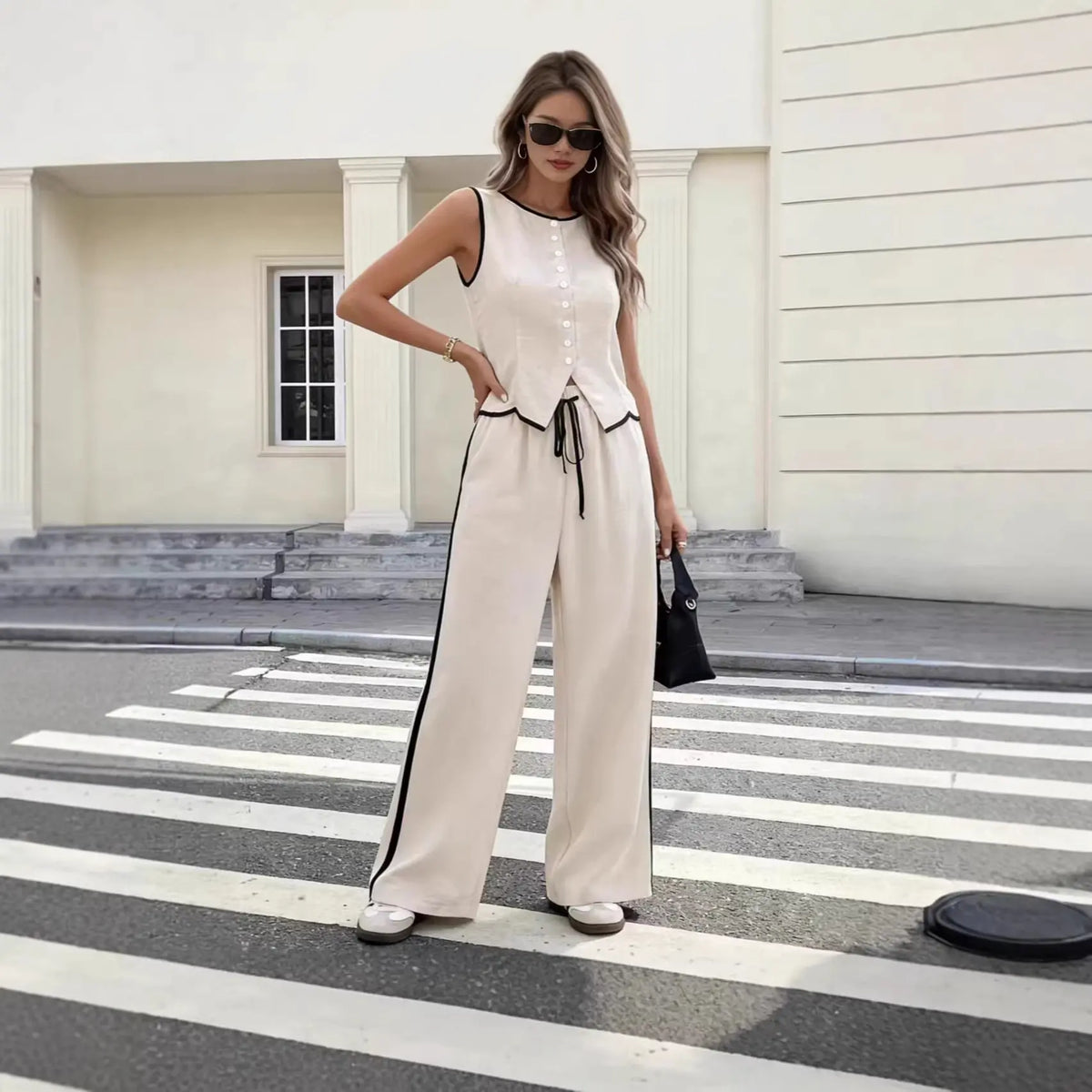 Summer 2026 Women's Color Block Sleeveless Single Button Vest And Drawstring Pants Set Fashionable Casual Outfit Polyester
