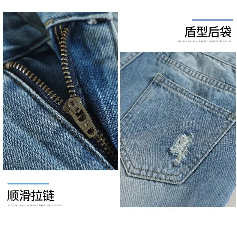 2026 Summer New Women Vintage Washed Ripped Denim Bermuda Shorts Loose Straight Five Points Casual Street Jeans