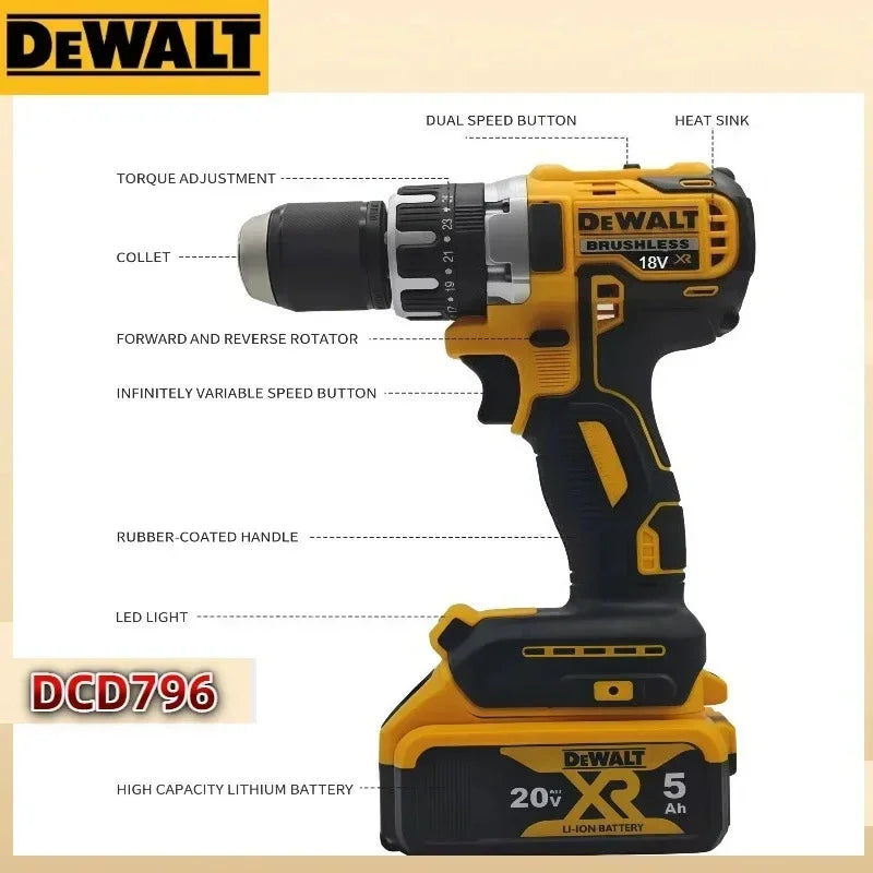Dewalt DCD796 Cordless Impact Electric Drill Brushless Multifunctional  Screwdriver Rechargeable Power Tools For 18V Battery