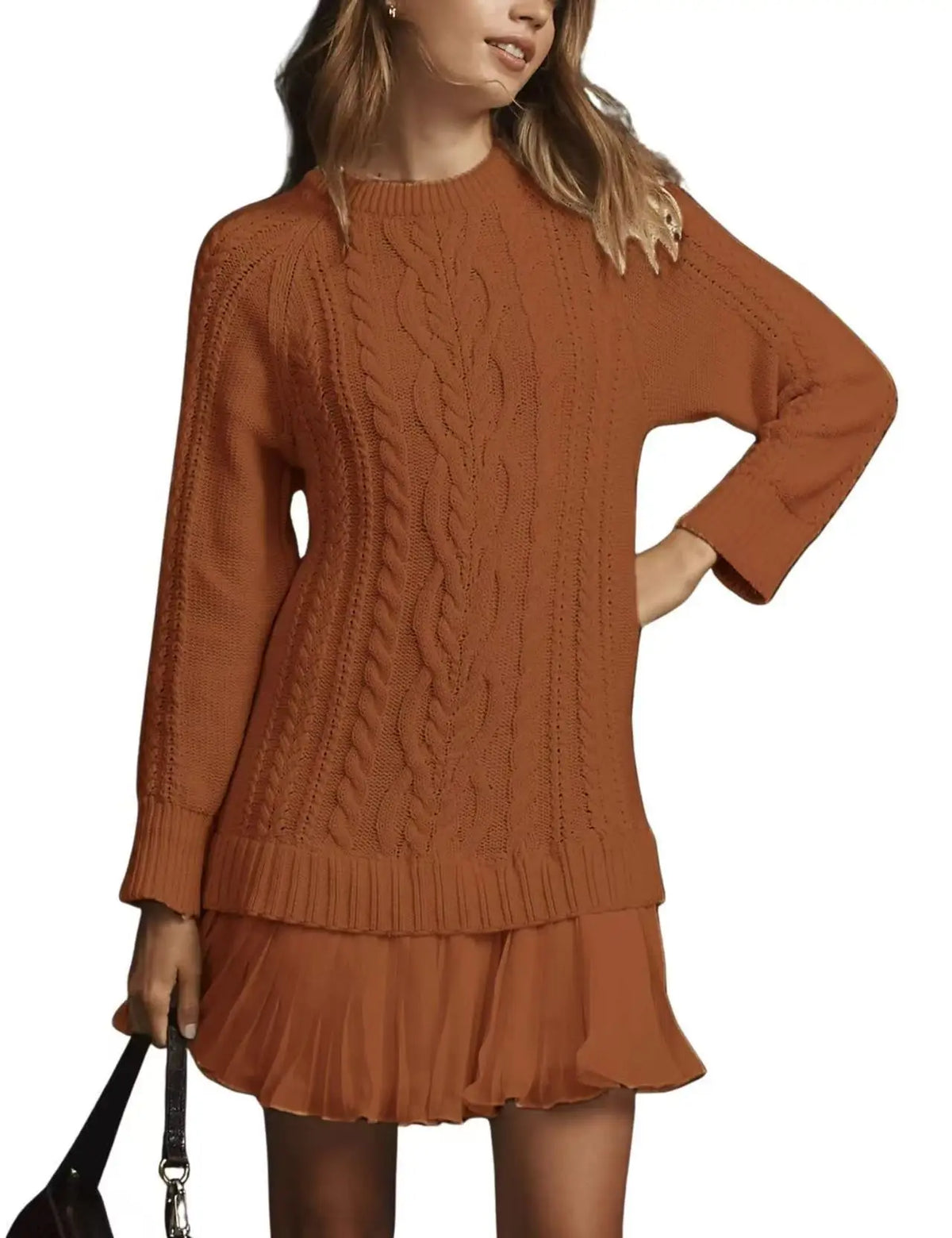 2025 Winter Long Sleeve Twist Knitted Sweater Dress Woman Ruffle Chiffon Pleated Dresses Fall Solid Warm A-Line Pullover Dress