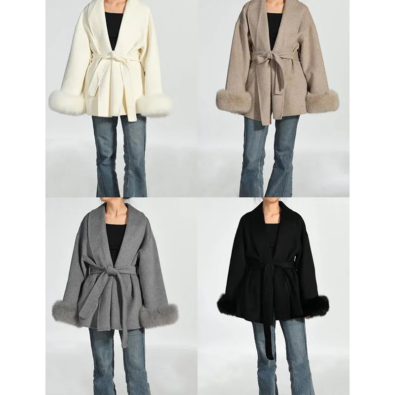 TARUXY Fox Fur Woolen Coats Women's Short Coat Office Lady Removable Elegant Double-sided Wool Overcoat 2025 New Cardigan Jacket