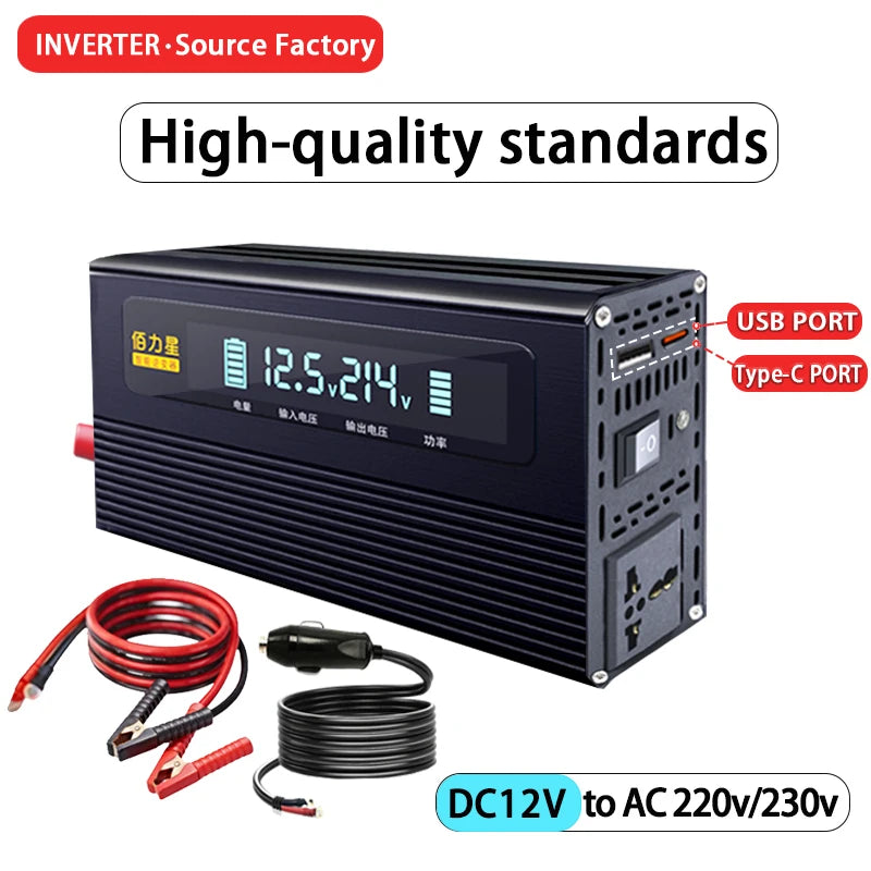 12V 24V To 220V 1000W Power Inverter LCD Display EU Socket Solar Inverter USB Type-c Fast Charging for Phone Laptops Car