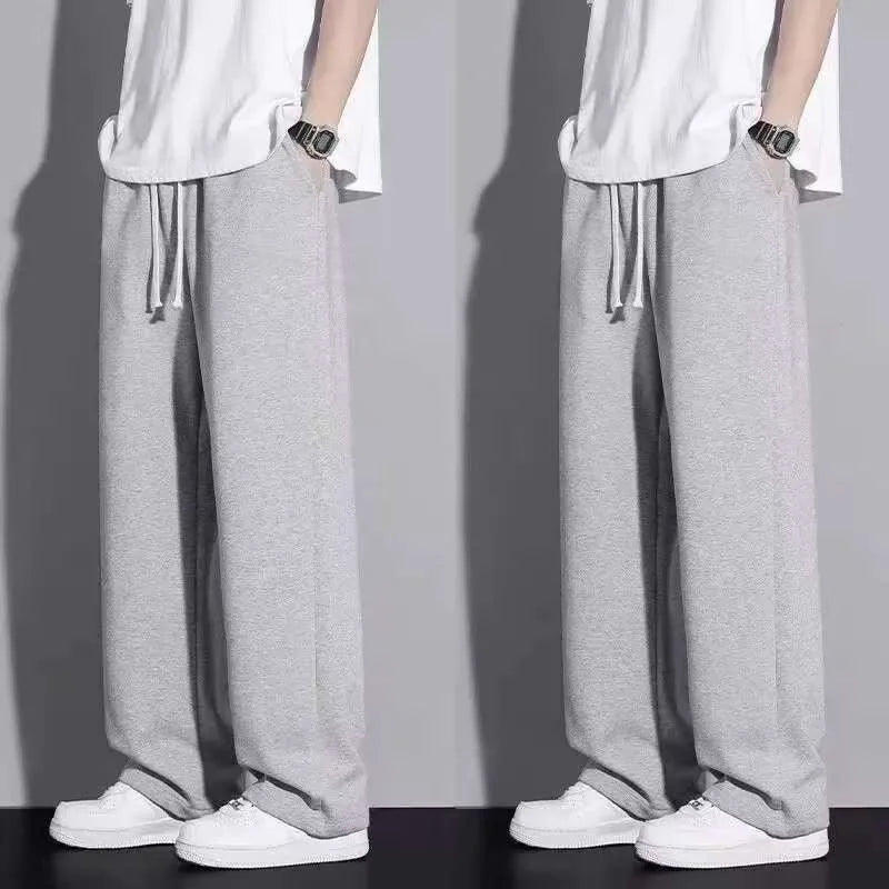 Men's Casual Straight Leg Drawstring Sweatpants Versatile Leisure Long Trousers Student Sports Pants Polyester Fiber Elastic
