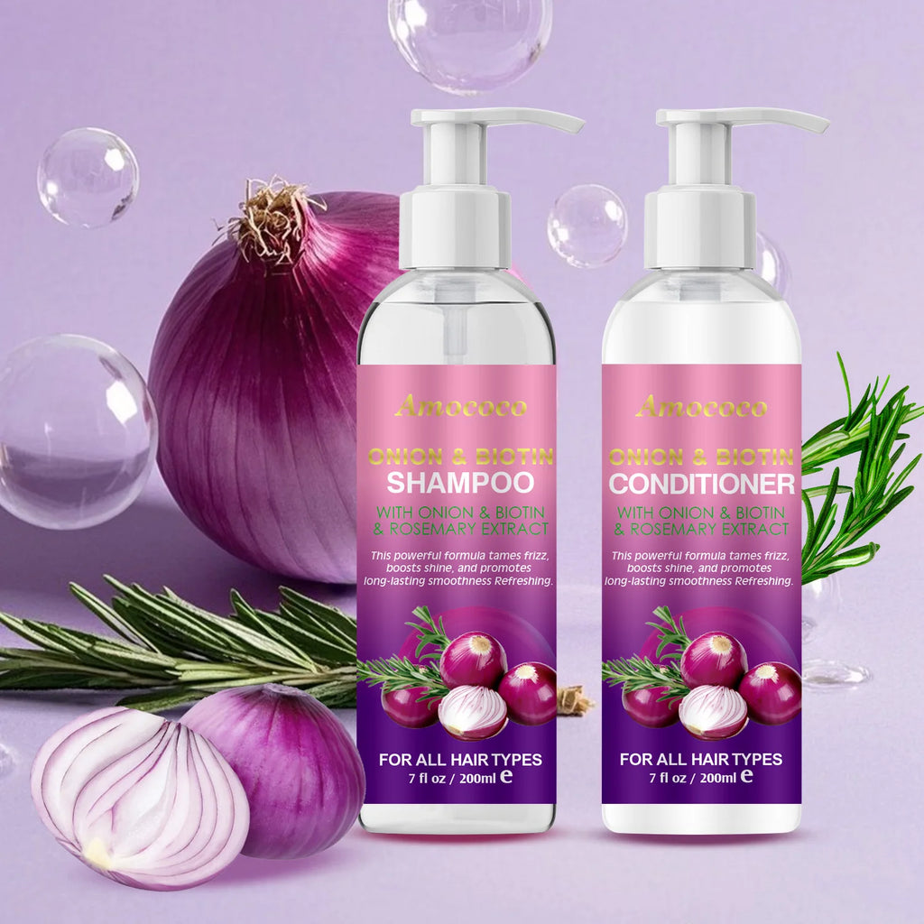 Amococo 2pcs X 200ml Shampoo and Conditioner Set with Onion Biotin Rosemary Hair Care Duo for All Hair Types Frizz Control Shine Boosting Sulfate Free