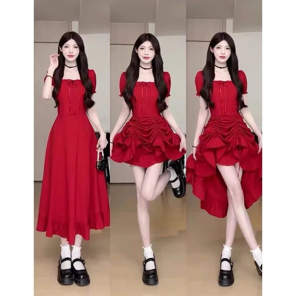 Sweet Pure Desire ort Skirt Summer Slimming Waistline Red Square Collar Long Dr Women's Faionable Versatile A-Line Dr