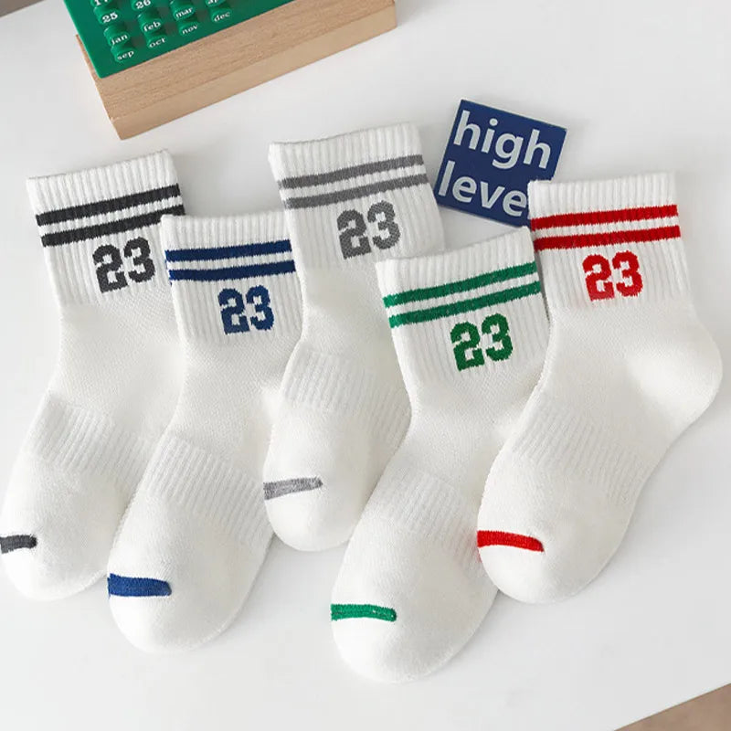 5Pairs Kids Mesh Socks Spring Summer Mid Tube Sock 1-8Y Boy Girl Thin Breathable Children Sport Sock Stripe Number Baby Footwear