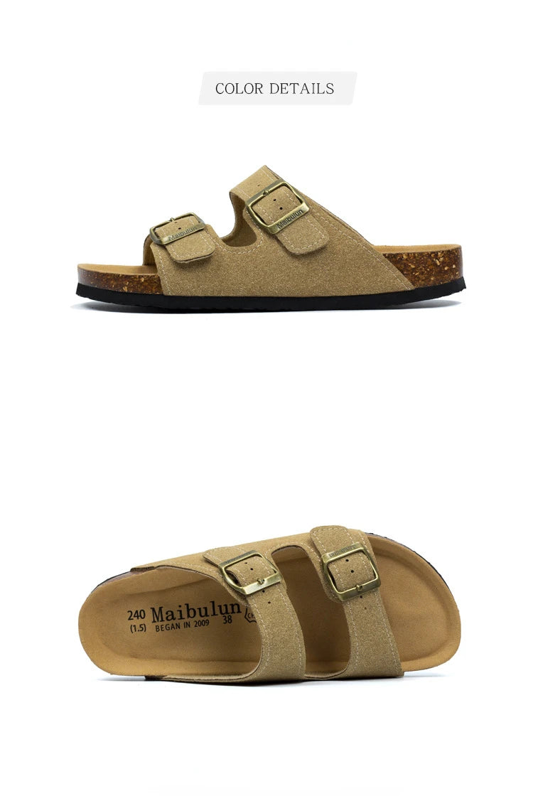 Nubuck Women Cork Slippers Summer Mule Clogs Flats Sandals Slides Casual Beach Couple Double Buckle Soft Shoes Footwear Big Size