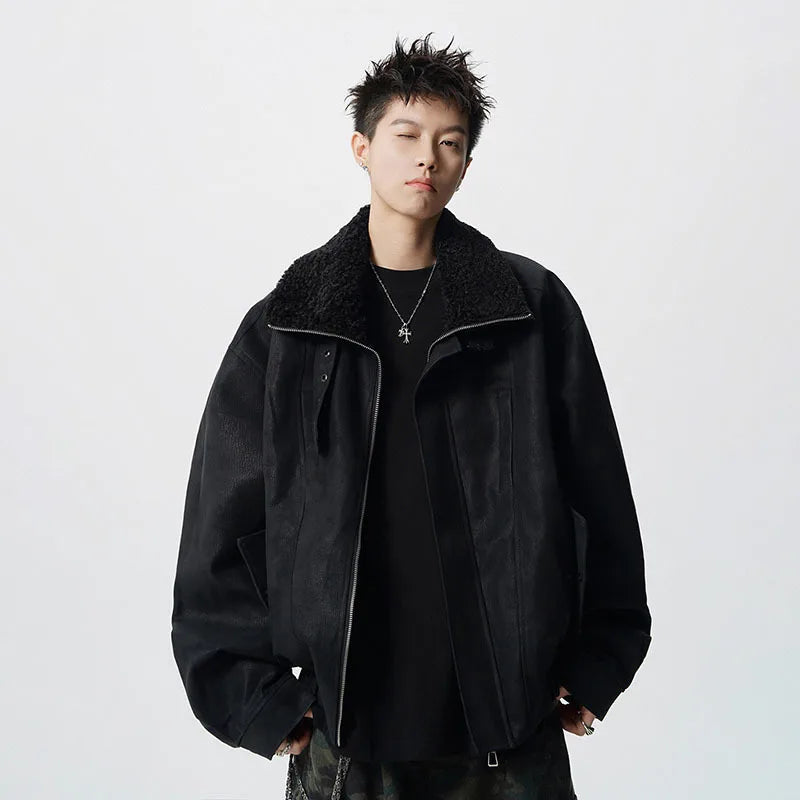 WTHT Fashion Men‘s Plush Spliced Thicken Design Loose Coats Trendy 2025 Autumn Solid Color Laple Casual Jackets Male 2A2218
