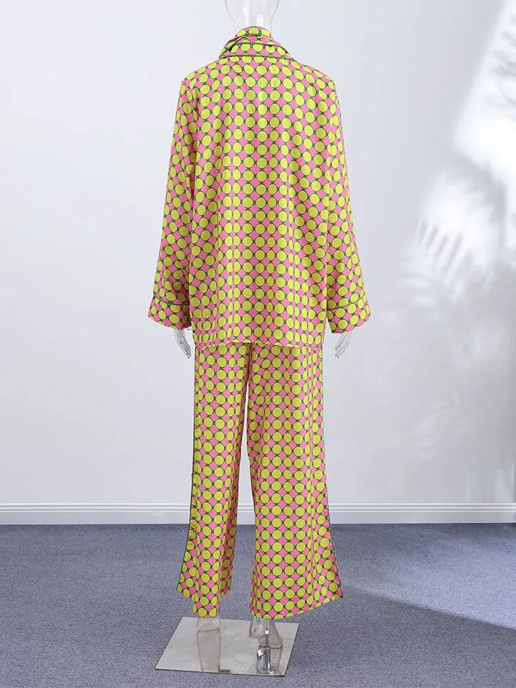 Vacation Geometric Printed Loose Pants Sets Women Lapel Full Sleeve Pocket Shirts Wide Leg Pant Suits 2026 Summer Street Outfit