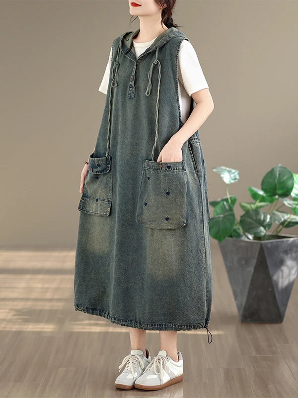 Original Casual Denim Vest Dr Mid-Length Waed Hooded Women's plus Size Summer Faion Dr High Waist Jeans Material
