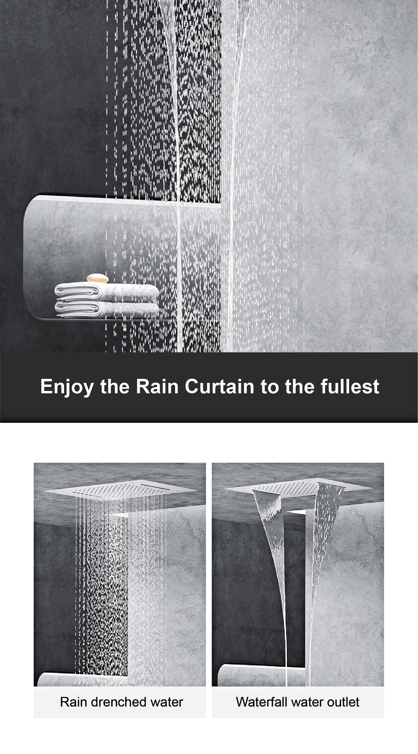 Luxury Gun Grey Brass Thermostatic Shower System Ceiling-Embedded Rainfall&Waterfall Outlet with LED Display Bathroom Mixer Tap