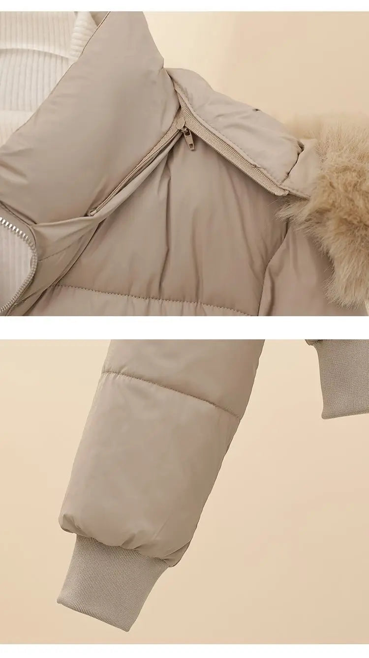 Korean Style Cropped Slim Fit Puffer Parka Women Detachable Faux Fur Trim Hood Thick Warm Zip Pockets Winter Casual Outfit 2026