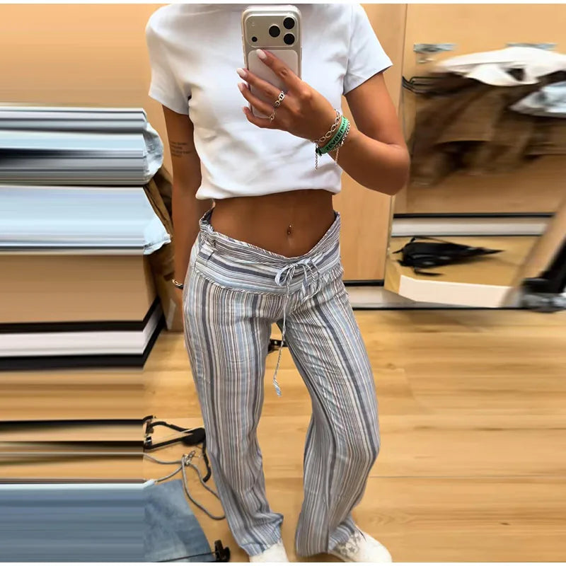 Color Vertical Stripe Women's Wide Leg Pants Folded Wide Waistband Side Thin Drawstring Tie Relaxed Drape Length Casual Pants