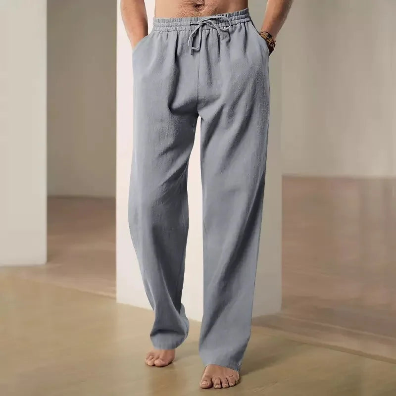 Men Drawstring Waist Linen Cotton Wide Leg Pants Thin Breathable Loose Casual Trousers For Spring Summer