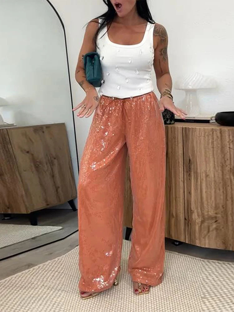 Y2K Sequin Lace Up Pants Women Elastic Low Waist Wide Leg Trousers Female 2026 Spring Summer Lady Shiny Party Clubwear Street