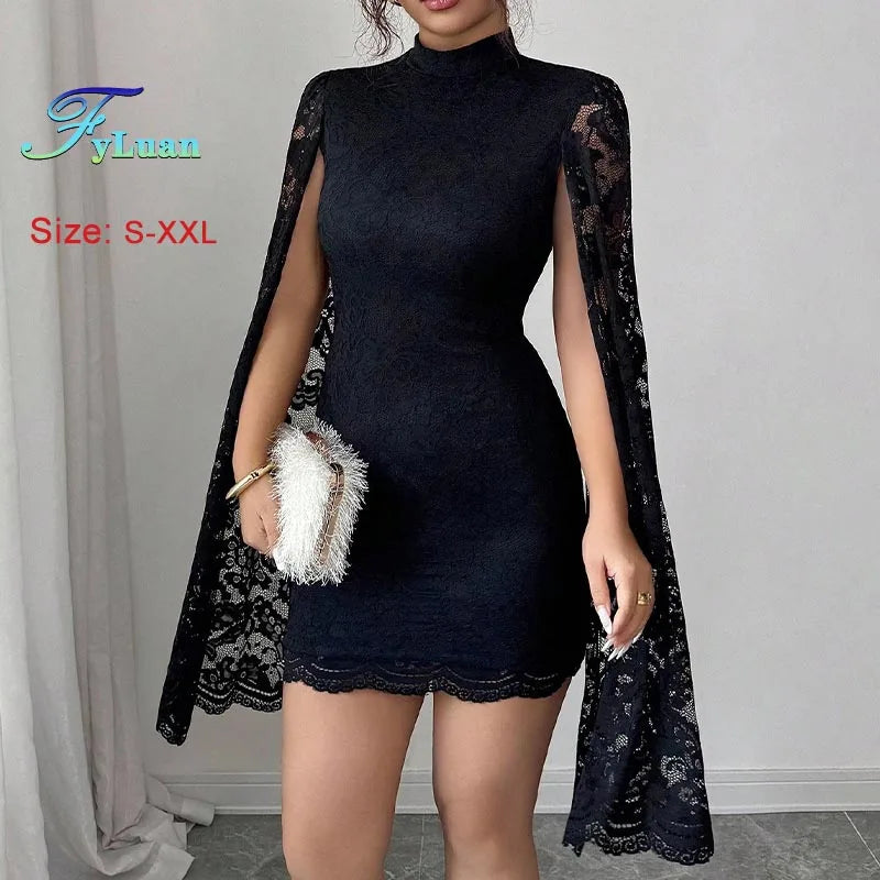 2025 New Women Mini Dress Fashion Lace Stand Collar Long Sleeves With Slits Bodycon Dress Sexy Nightclub Party Prom Slimmin Gown