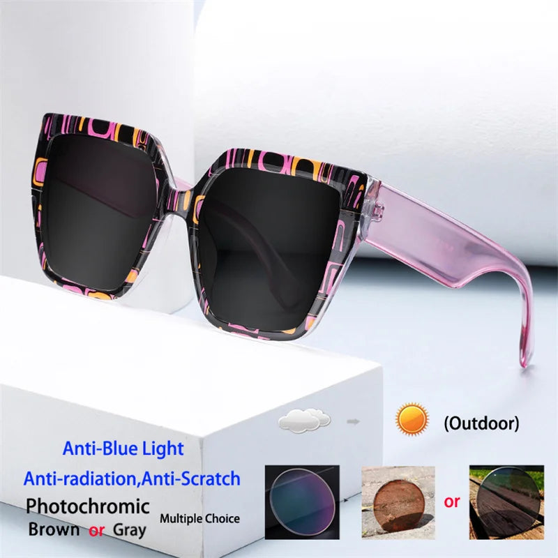 New Square Grid Pattern Frame Photochromic Anti Blue Ray Femal Sunglasses Presbyopic Hyperopia Short Sight Prescription Eyeglass