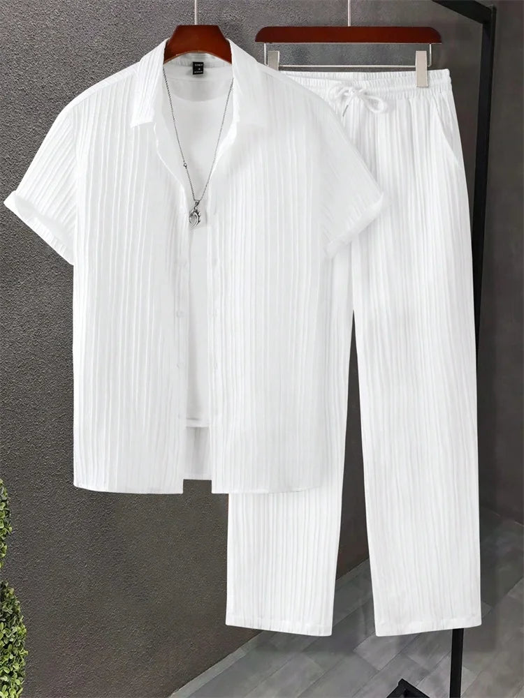 2025 Autumn Simple Solid-color Shirt 2 Pieces Long Pants Set, Urban Street Fashion Simple Men's Shirt And Long Pants Set