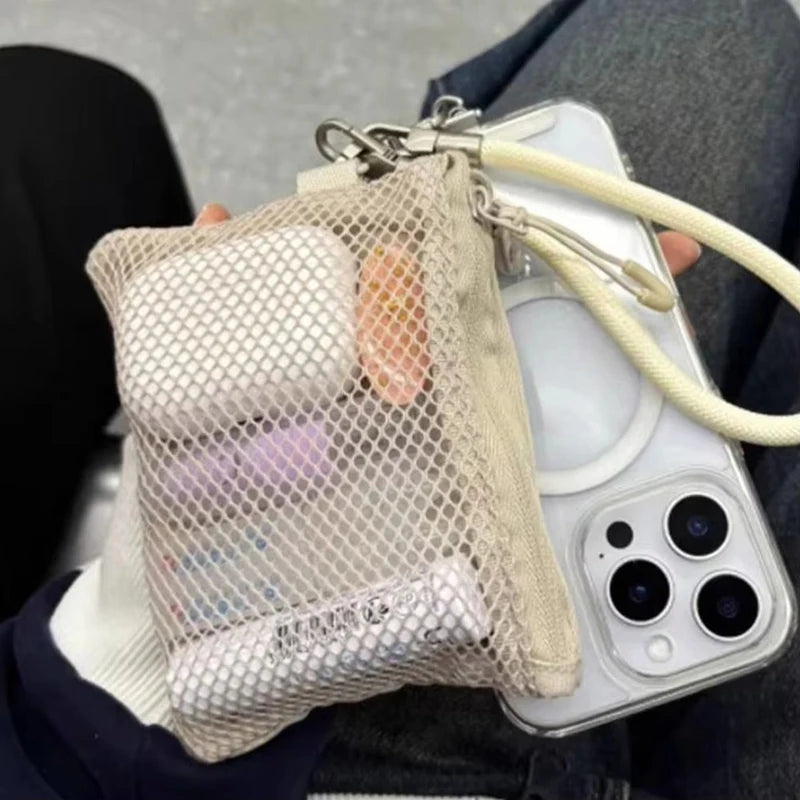 Dual-Layer Mesh Storage Bags Portable Travel Makeup Bag with Zipper Mini Toiletries Cosmetics Organizer Simple Stationery Bag