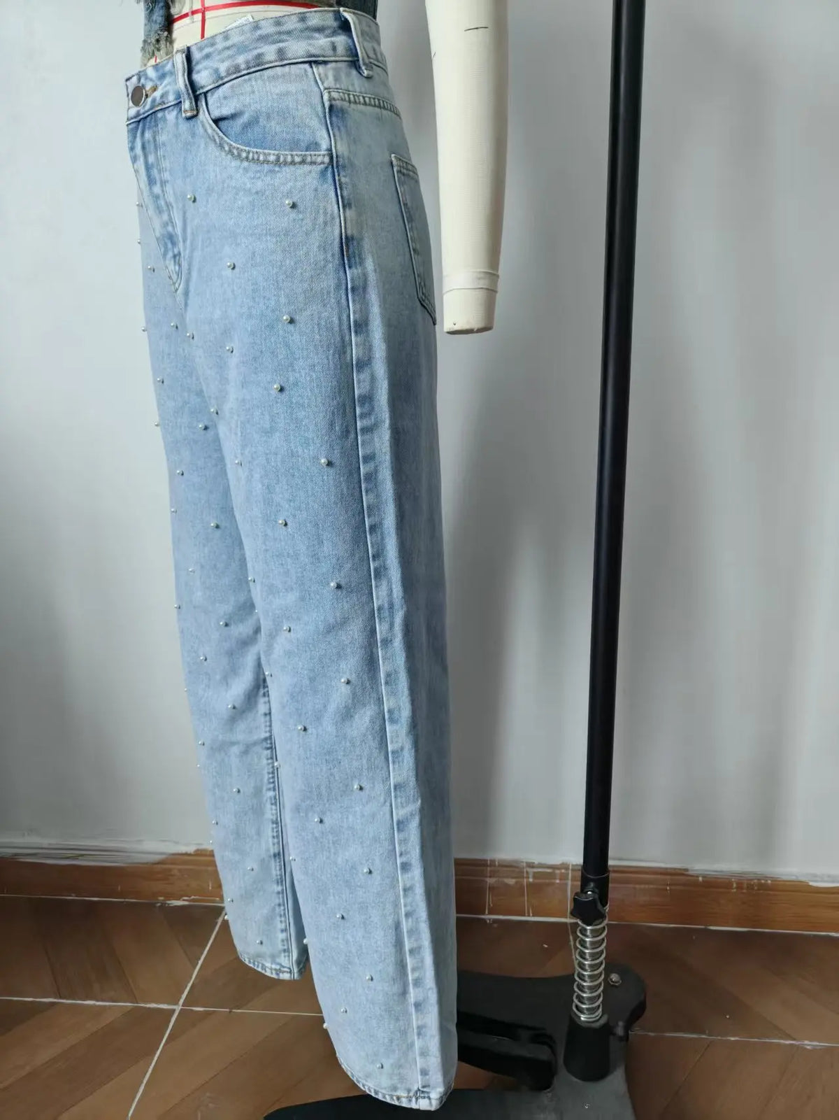 Denim Straight Pants Women Pearls Spliced Jeans High Waist Washed Basics Ankle Length Trousers Streetwear Pant Solid Autumn