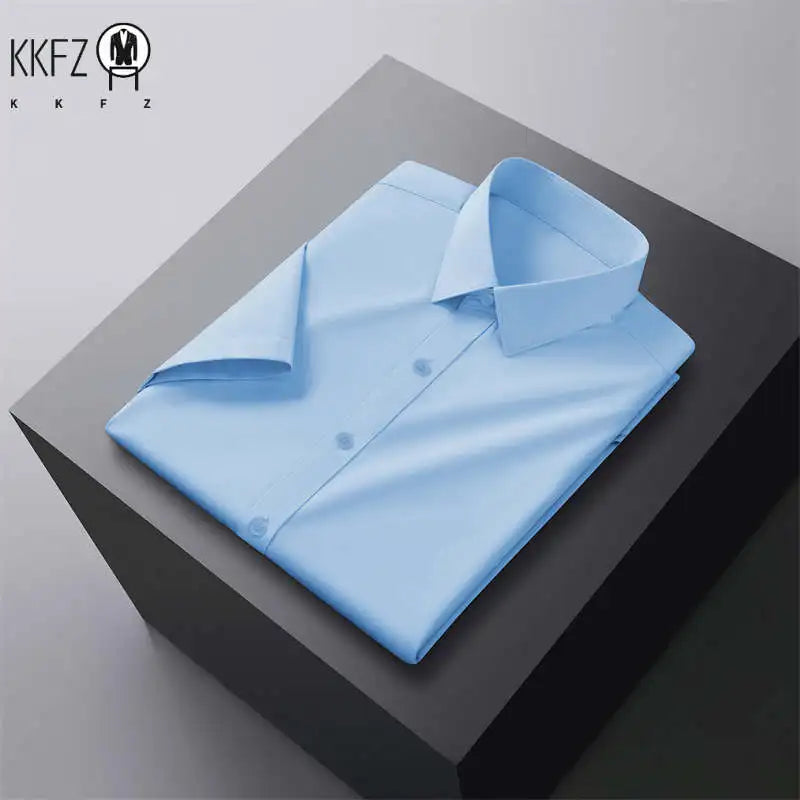 New Men's Business Casual Solid Color Short Sleeved Shirt for Summer Fashion No Ironing Comfortable and Versatile Top