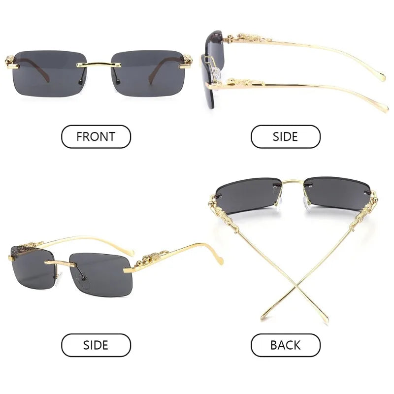 Unisex Luxury Rimless Square Sunglasses - Brand Designer Leopard Head Metal Shade Eyewear Travel Driving