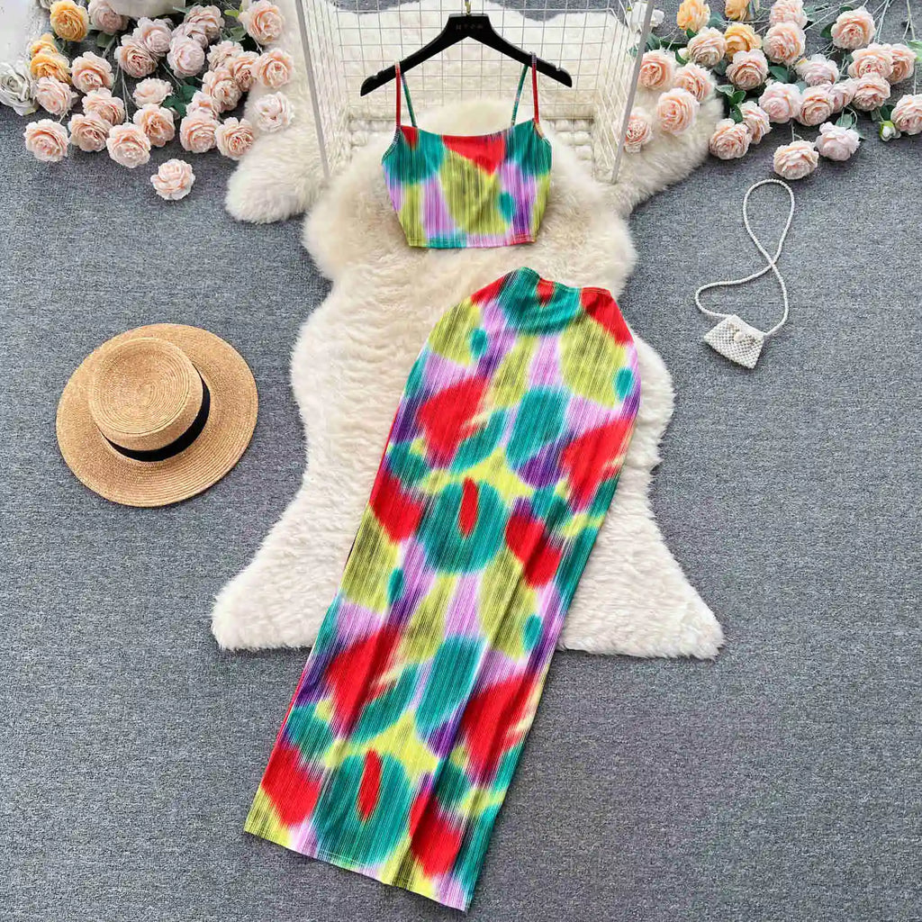 Retro Style Printed 2 Pieces Set for Women Fashion Summer Sleeveless Cropped Camis Top + Elastic Waist Bodycon Long Skirt Suits