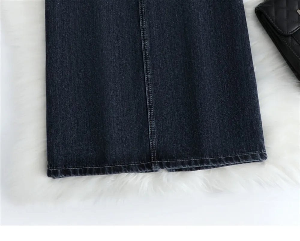 Women Denim Skirt Spring A Line Summer High Waist Loose Split Hem Dark Blue Chic Casual Streetwear Jean Midi Skirt Streetwear