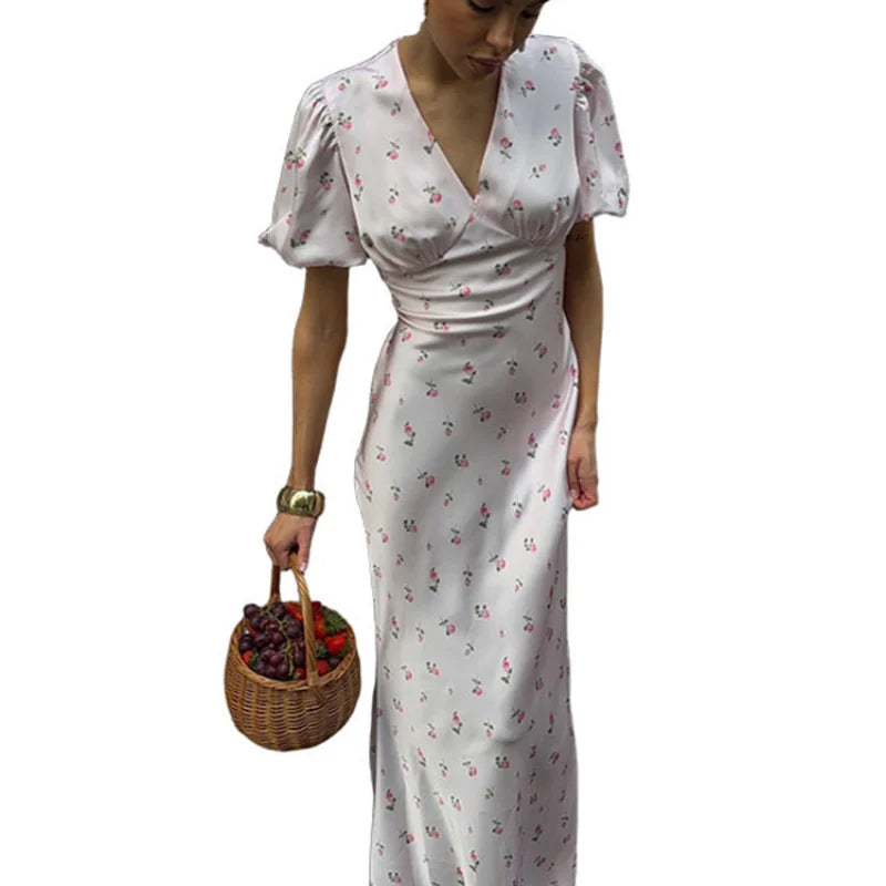 Casual Print Long Slim Dress Women Short Puff Sleeve Closed Waist V-neck Dresses Female 2026 Summer Autumn Lady Robes Chic