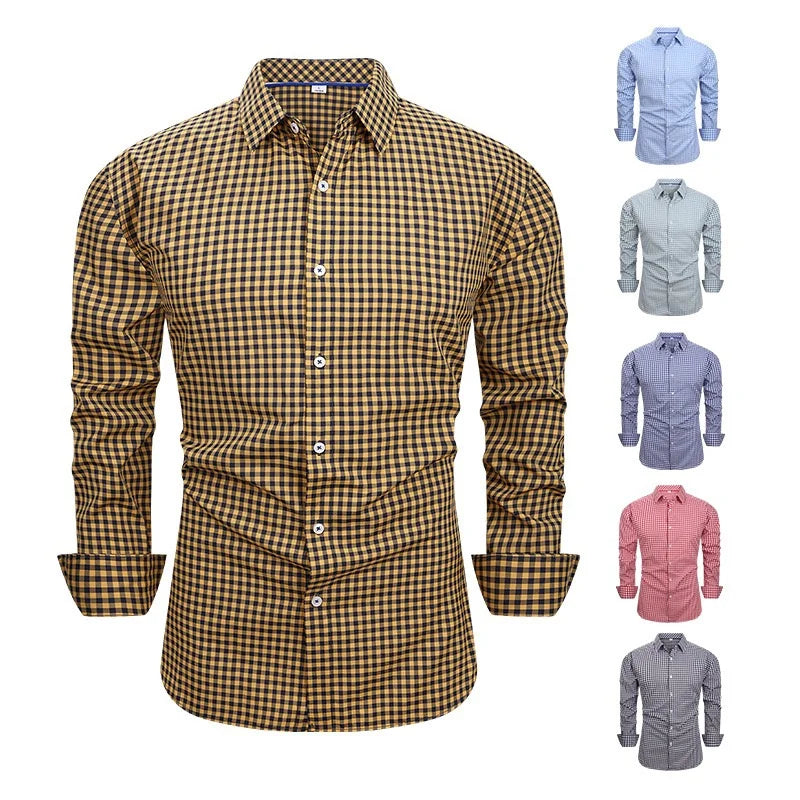 Men's Long-Sleeved Shirt, Plaid Long-Sleeved Shirt, Business Casual Slim-Fit Collared Shirt, Multiple Colors Available.