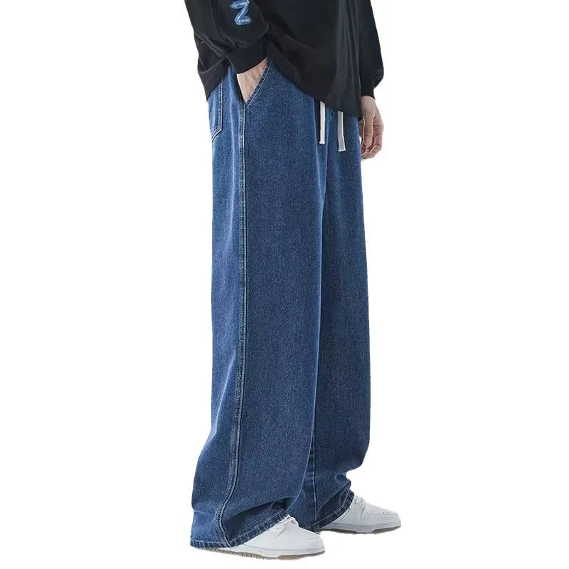 2025 New Korean Men's Casual Long Jeans Classic Man Straight Denim Wide-leg Pants Solid Color Light Blue Grey Black ﻿
