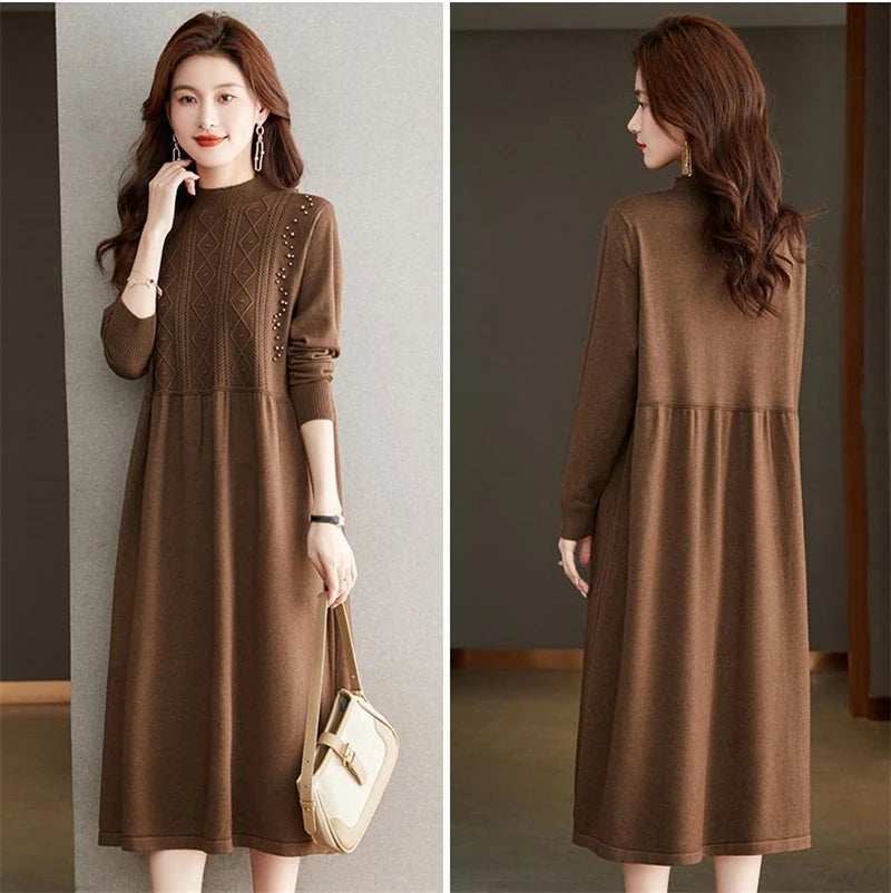 New Knitting Vestidos Women's 2024 Spring Autumn Mid Length Version Ladies Sweater Dress Temperament Lady Bottoming Skirt