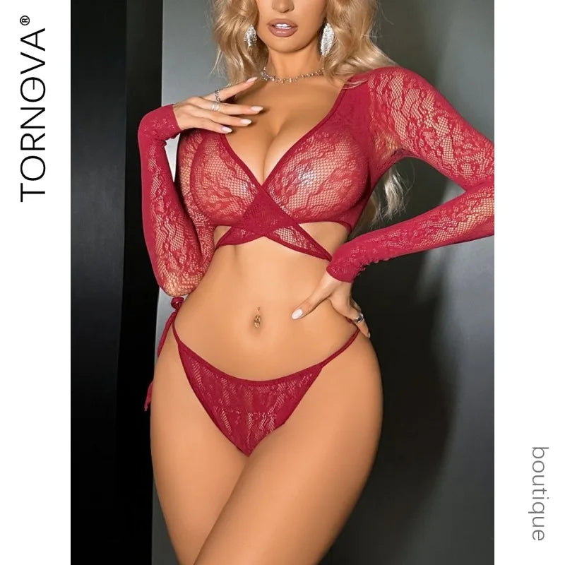Tornova In Sexy Lingerie Set T-pants Lace Up Plus Size Women Underwear Sexy Lingerie Underwear Sexy Mesh Temptation Underwear
