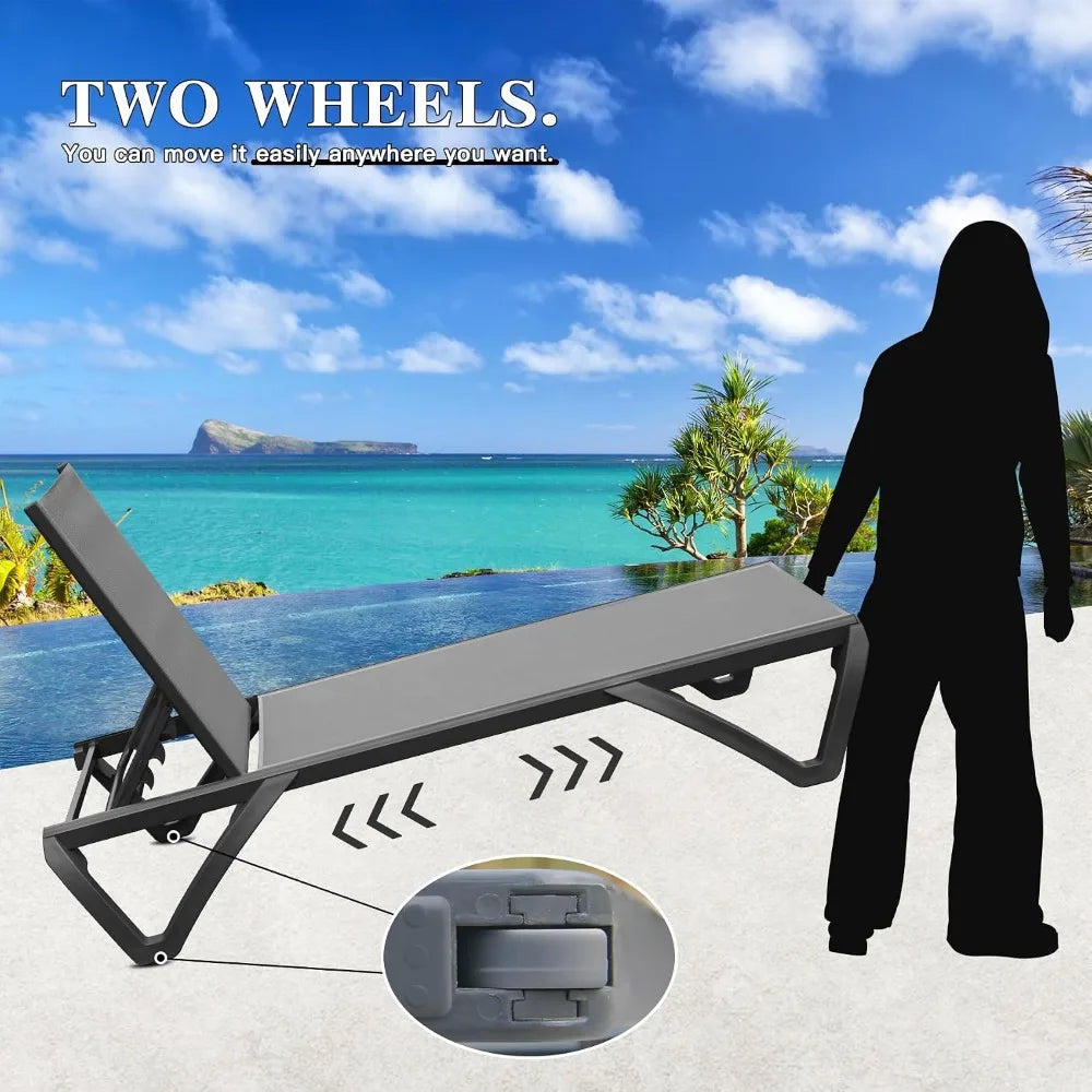 Aluminum Adjustable Outdoor Chaise Lounge Set of 2 with Wheels, Textilene Gray for Patio and Backyard
