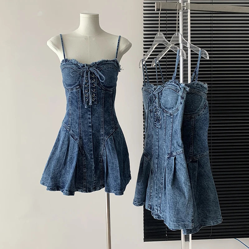 Sexy Mini Spaghetti Strap Lace-Up Jeans Dress Women 2024 New Trendy Summer Girls Dress Fashion Ripped Tassel Denim Dress Female