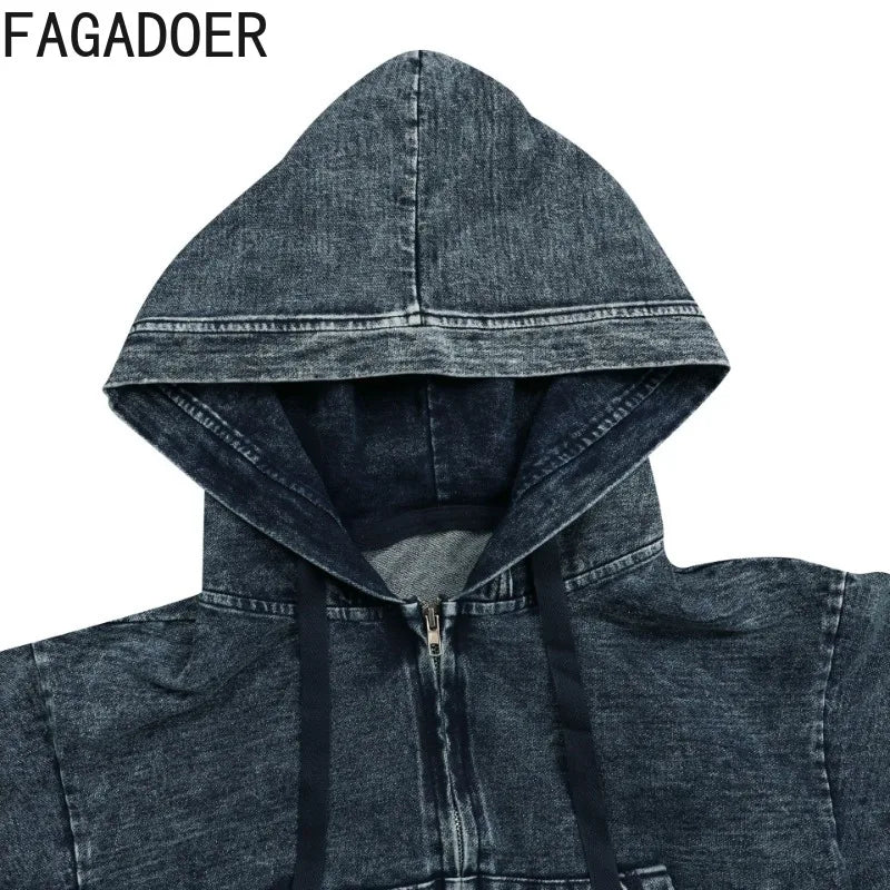 FAGADOER Fashion Denim 2 Pieces Set for Woman Wash Long Sleeve Hooded Crop Top and Pleated Skirts Matching Suits Streetwear New