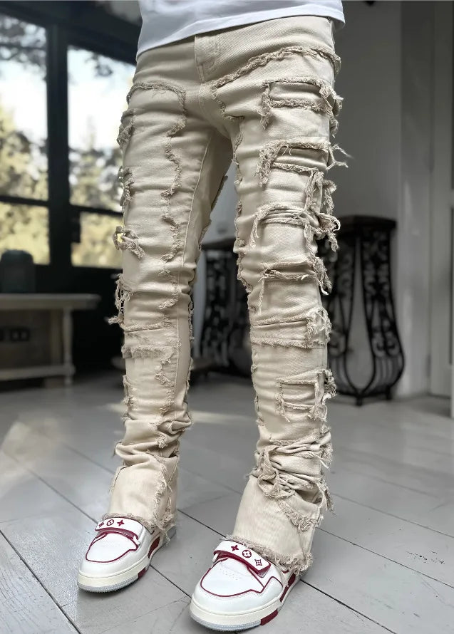 2026 New Men's Denim Straight-Leg Pants, European and American Street Fashion Ins Stretch Patch Denim Straight-Leg Pants