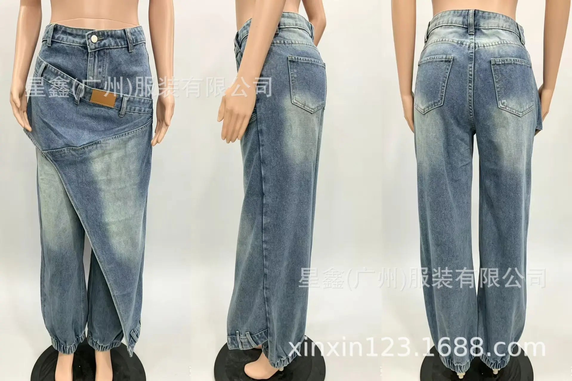 Vintage Washed Denim Jeans Women Y2K Faux Two Piece Design Jumpsuit Pants Overall