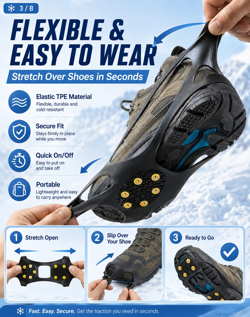 Anti Slip Ice Cleats Shoe Covers 10 Stud Snow Grips Winter Traction Crampons for Boots Hiking Walking Outdoor Safety Gear Unisex