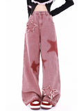 Women Streetwear Pink Jeans Vintage Star Print High Waisted American Retro Wide Leg Denim Pants Hip-hop Straight Y2K Trousers