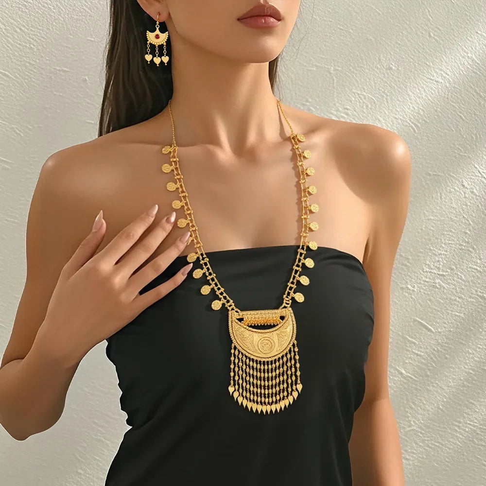 Tassel Necklace Earrings Long Set Women's 24K Gold AU999 - Exquisitely crafted 24K gold, smooth tassels, great for gifting