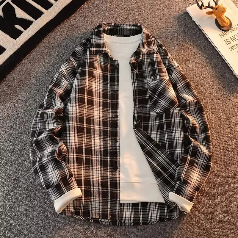 Retro Japanese Plaid Long Sve irt Men's Casual Loose Fit Spring Autumn Wear for Students And Couples Youth Faion