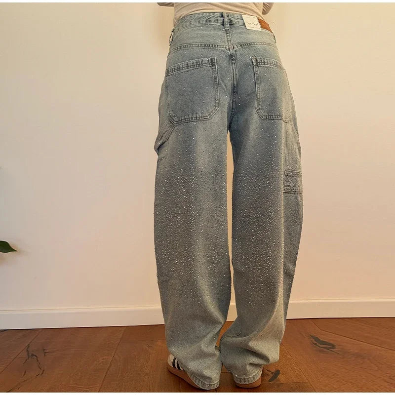 Shiny Rhinestone Baggy Women's Wide Leg Jeans Full Diamond Wide Leg Dragging Denim Pants Vintage Washed Pants Casual Trousers