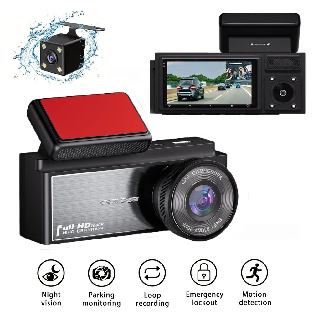Three Camera Dash Camera, Front, Inside, and Rear Camera, Car Dash Cam, Wide Angle, HD Night Vision, Loop Recording, Car DVR