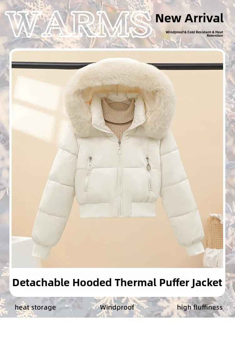 Korean Style Short down Cotton Jacket Women's Thickened Large Fur Collar Hooded Coat Slim Fit Commute Element  Color