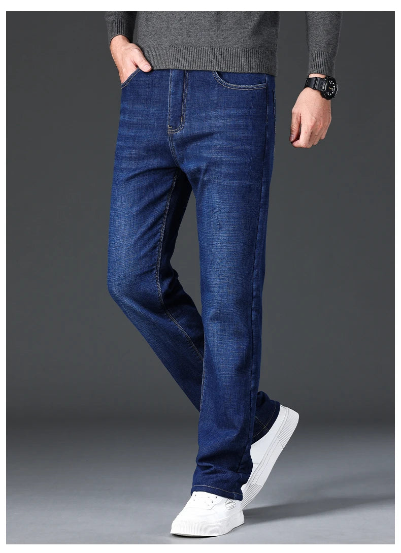 Men Winter Fleece Warm Jeans Brand 2024 Fashion Business Pants Retro Classic Denim Trousers Autumn Casual Stretch Slim Jeans Men